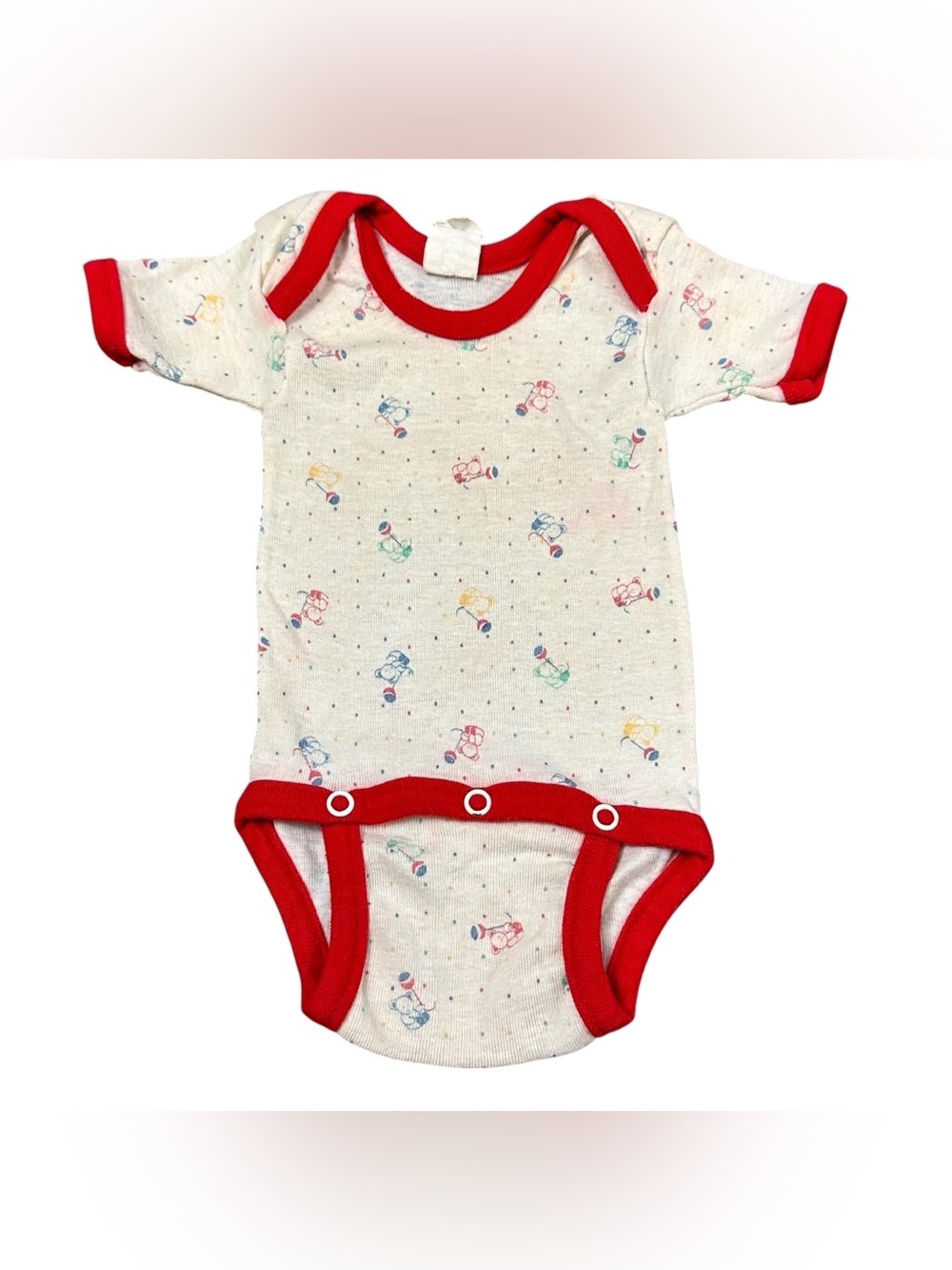 Vintage Spencer’s Baby Bodysuit Teddy Bear Print Red Trim Made USA 6 Months